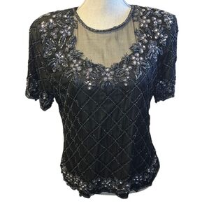 Vintage Stenay Black Beaded Silk Top US Womens Size XL Short Sleeve Floral